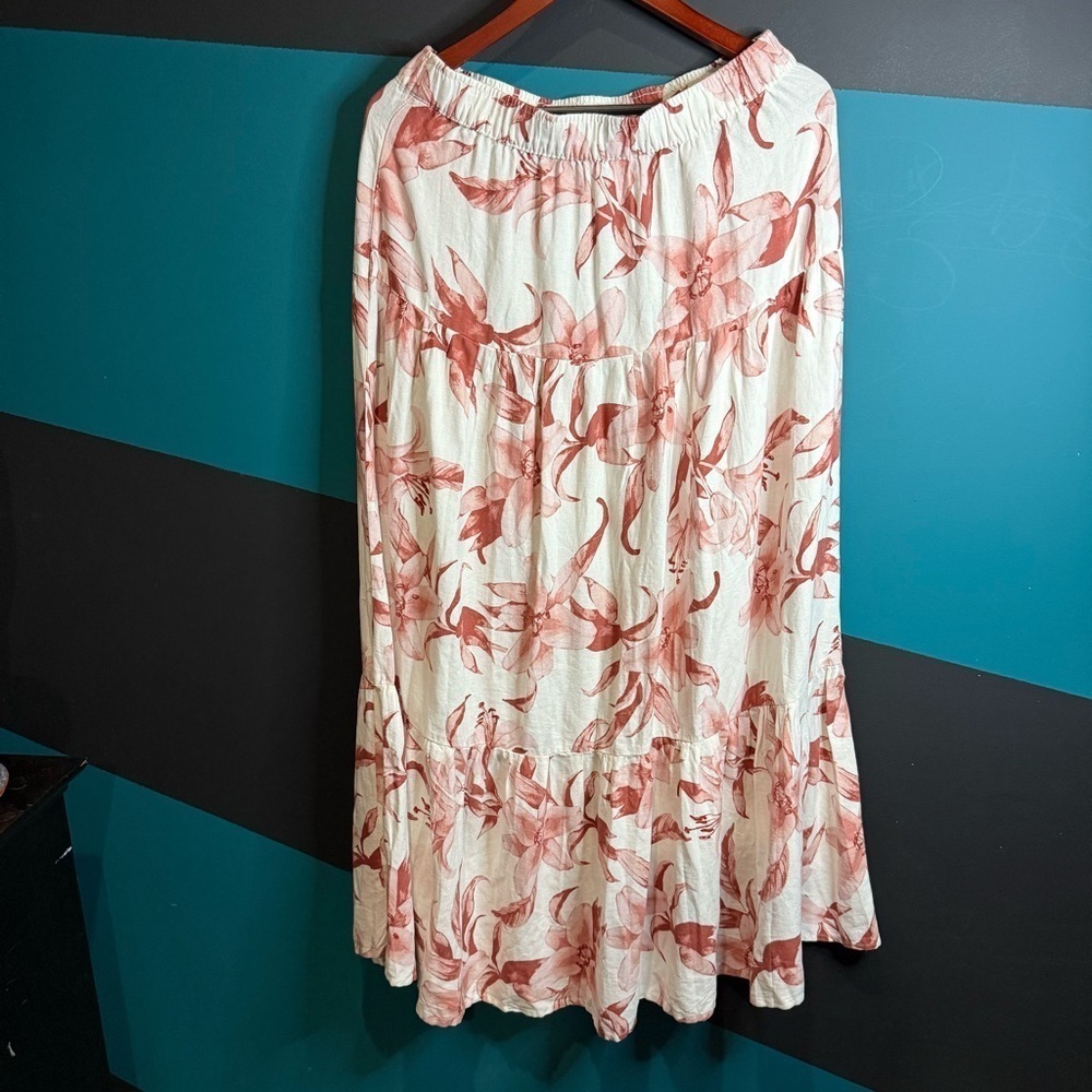 White and Red Maxi A-Line Skirt with Tiered Design